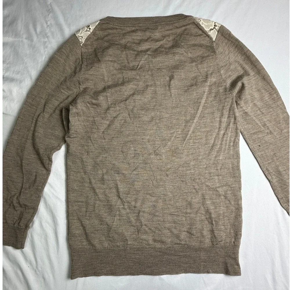 J. Crew‎ Womens 100% Merino Wool Lace Shoulder Sweater Taupe Brown Small